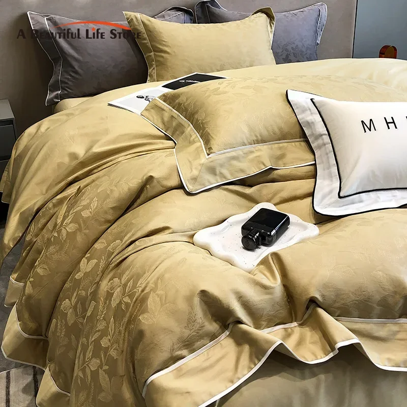 Luxury Satin Jacquard And Egyptian Cotton Patchwork Bedding Set Textured Duvet Cover Set Bed Sheet Pillowcase Soft Bed Sets 4pcs