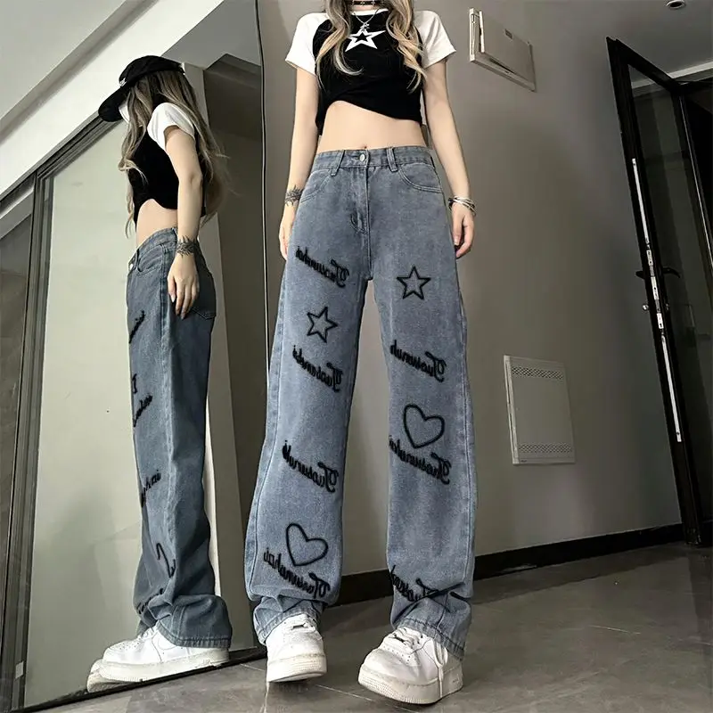 

Spring Summer New Fashion Button Zipper Straight Pants Women High Street Casual Loose Printing Pocket Patchwork Cotton Jeans