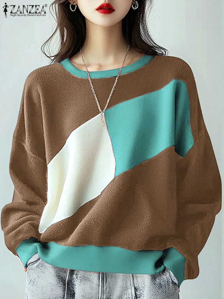 

ZANZEA 2025 Fashion Women Overisize Tees Elegant Long Sleeve Tops Casual Loose Colorblock T-shirts Commuting Round Neck Camiseta