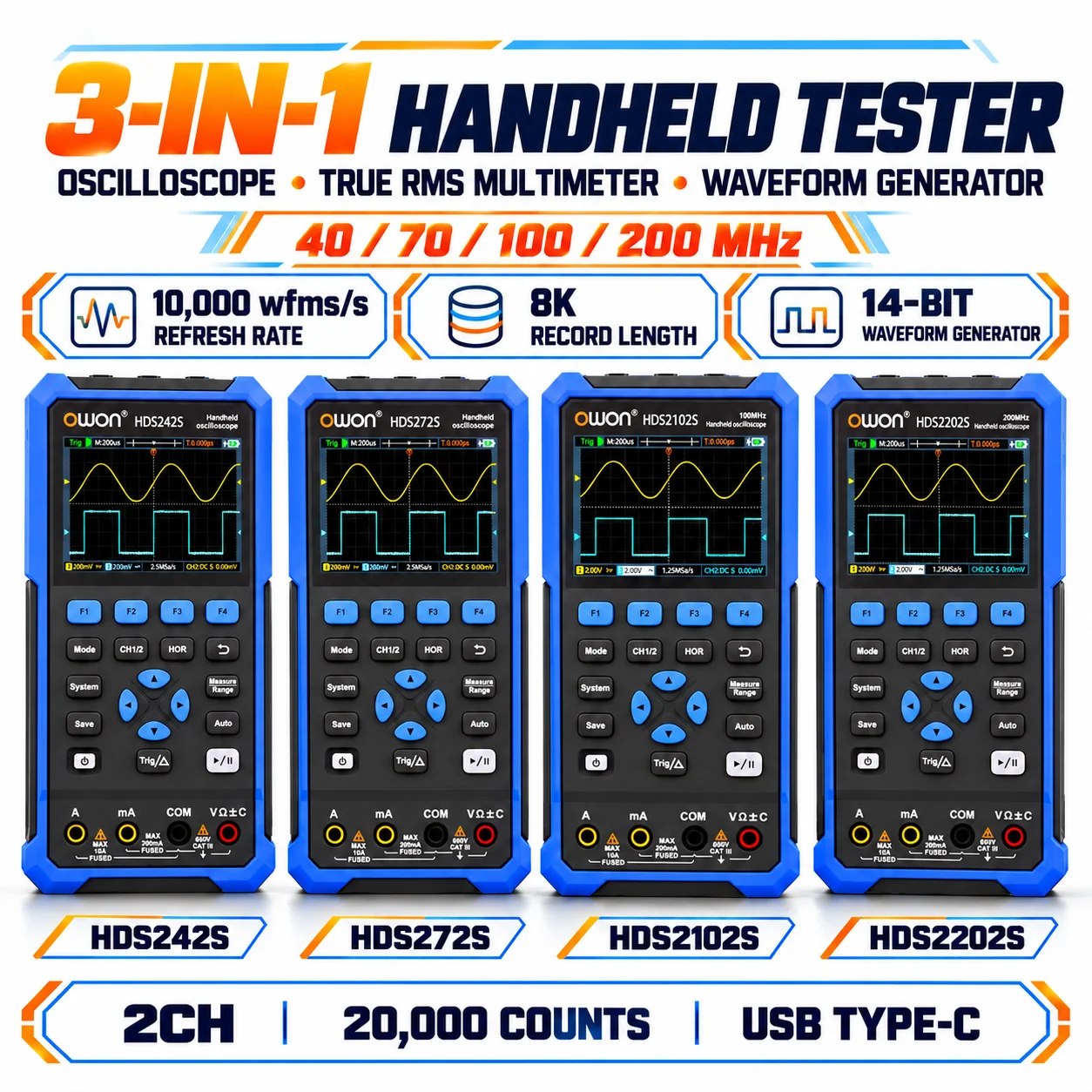 OWON HDS242S HDS272S HDS2102S HDS2202S 2CH 3-in-1 40-200MHz Handheld Oscilloscope True RMS DMM 14-Bit AWG USB-C Signal Generator