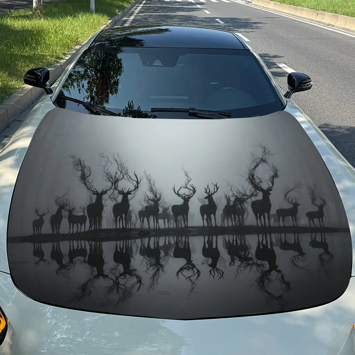 

Виниловая пленка для автомобиля Misty Deer Herd Reflection, водонепроницаемая наклейка на капот автомобиля из ПВХ, самоклеящиеся устойчивые к царапинам наклейки для двигателя