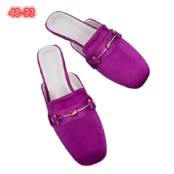 Women Pull On Half Sandals Square Toe Luxury Designer High Quality Shoes Flock Summer Flat Slides With Metal Decorative 33 34 48