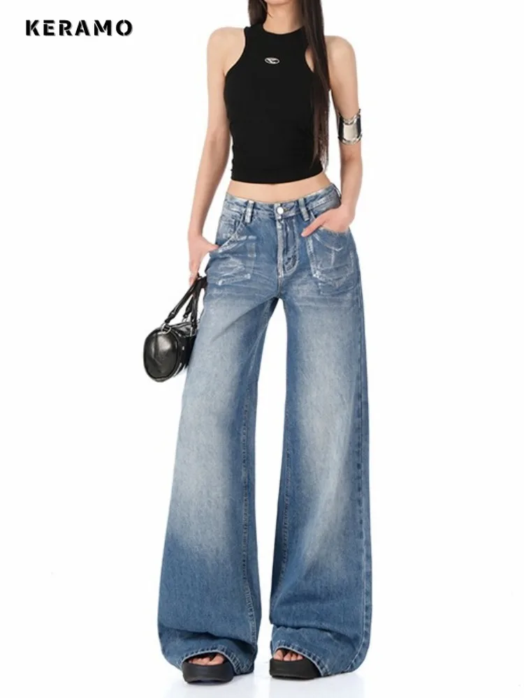 

Women's Casual Emo Denim Trouser 2025 Summer Blue Full Length High Waist 2000s Blue Pants Retro Baggy Y2K Harajuku Loose Jeans