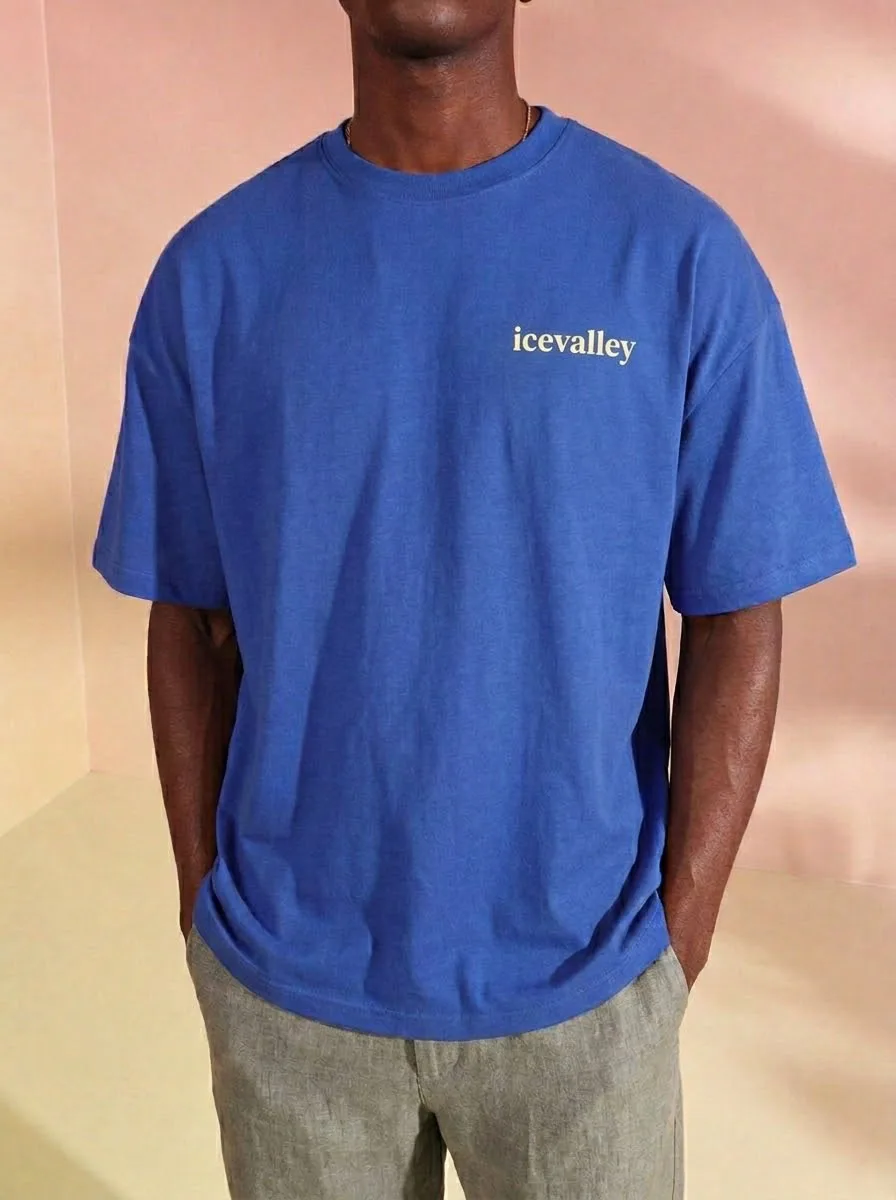 Hand-Painted Klein Blue Short-Sleeve T-Shirt with Fun Pepper Pattern Youthful Loose Fit Cotton Summer Fashion for Teens