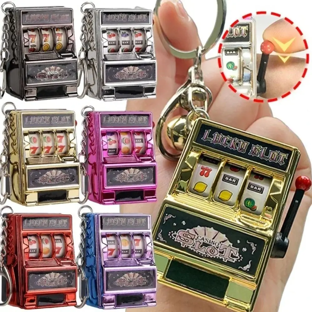 Cartoon Stress Reliever Keychains Coin Operated Games Toy Fruit Slot Machine Mini Key Holder Gift