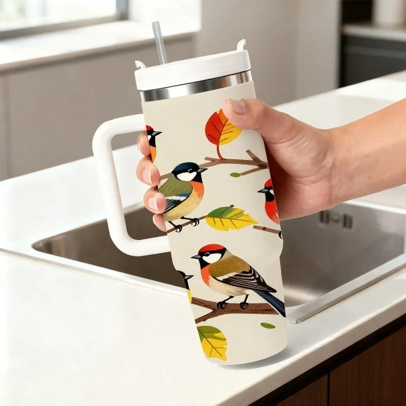 40oz Cream Base Autumn Colorful Birds Branch Fall Leaf Print Insulated Stainless Steel Travel Tumbler With White Handle Straw Lid Large Thermal Cup