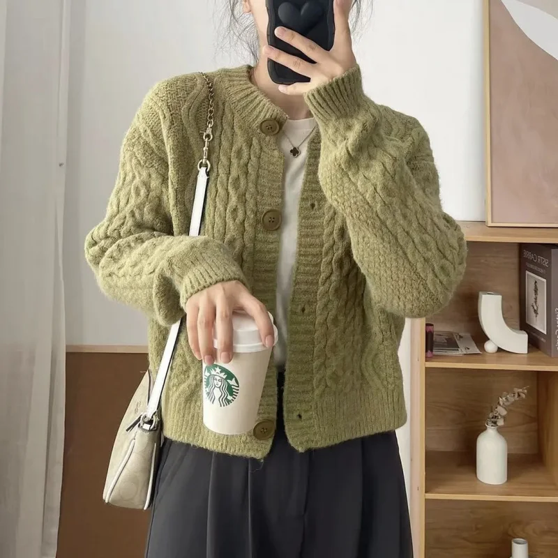 

Vintage Knit Round Neck Sweater Cardigan Women, Autumn Winter New Loose Lazy Style Versatile Thick Knitted Cardigan To