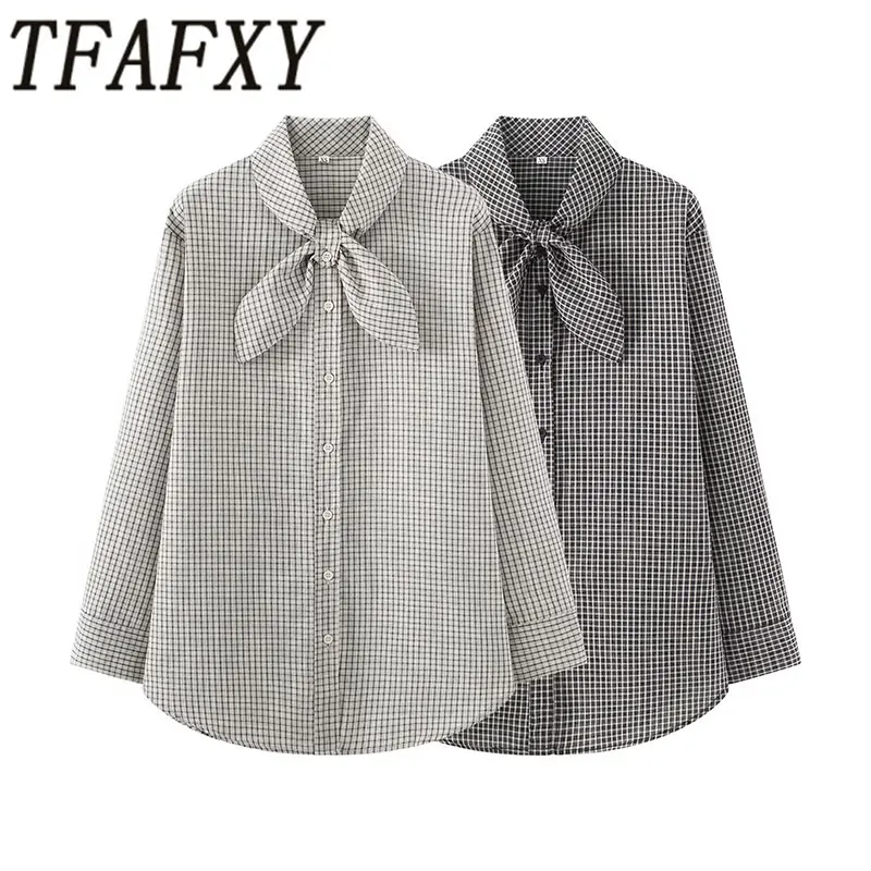 

TFAFXY 2026 Spring Chic Fashion Simple Style Check Shirts for Women New Long Sleeve Scarf Women's Casual Loose Blouse Woman Tops