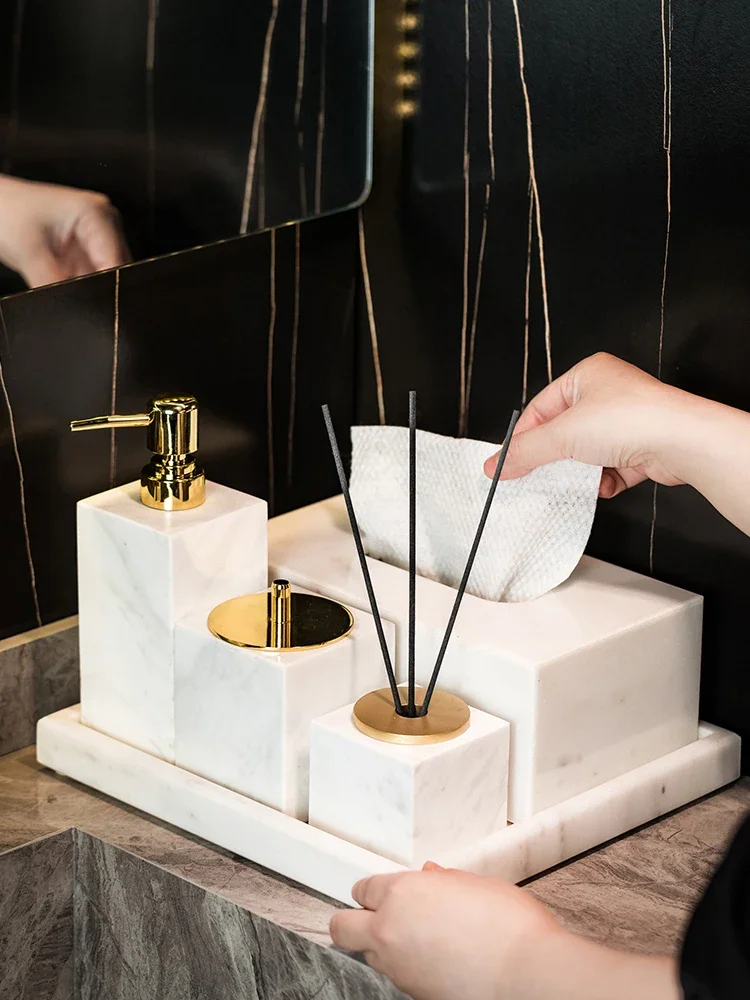 

Volakas White Natural Marble Bathroom Set Luxury Soap Dispenser Storage Container Tissue Box Tray Bathroom Accessories