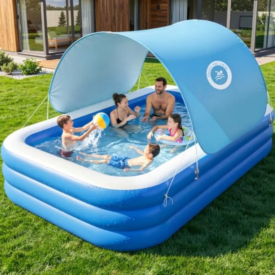 Inflatable Pool with Canopy for Outdoor Backyard Garden Party Summer Fun, 69 x 24, Blue, Thickened PVC Material, Adults Use
