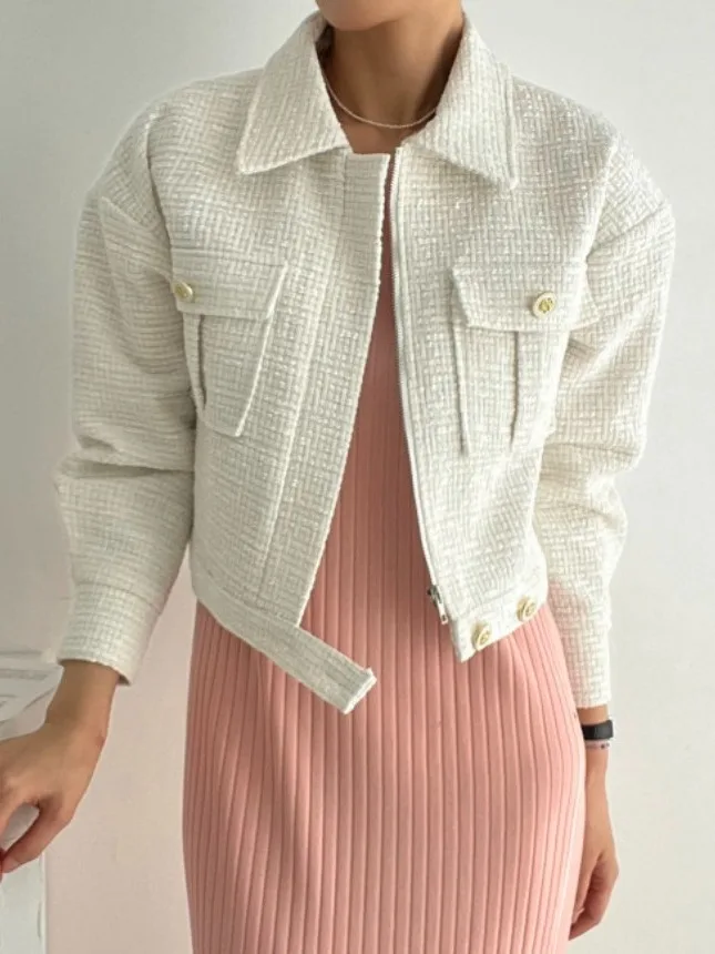 

Chic Autumn New Collar Zipper Design Button Decoration Double ket Loose Long Sve Coat Women's Premium Woolen Jaet