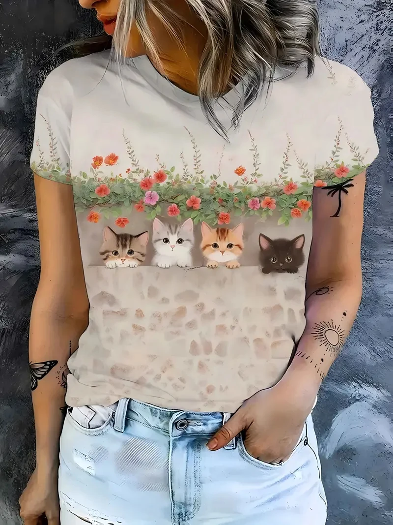 T-shirt girocollo da donna T-shirt estiva moda casual top a maniche corte stampa gatto 3D modello animale Abbigliamento donna di grandi dimensioni