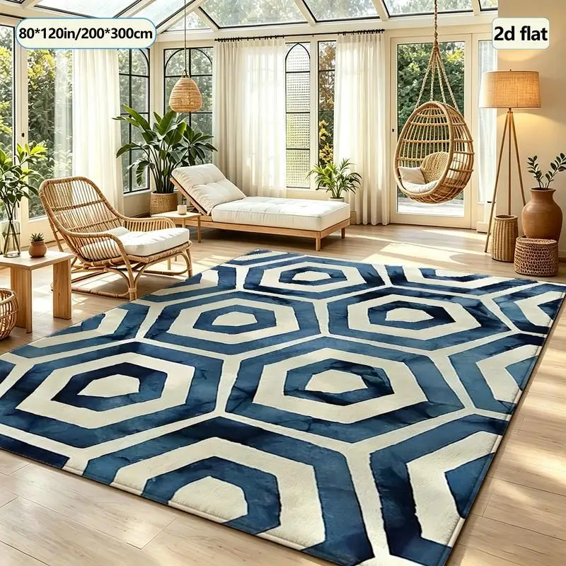Blue and White Watercolor Hexagonal Geometric Carpet Floor Mat for Home Living Room