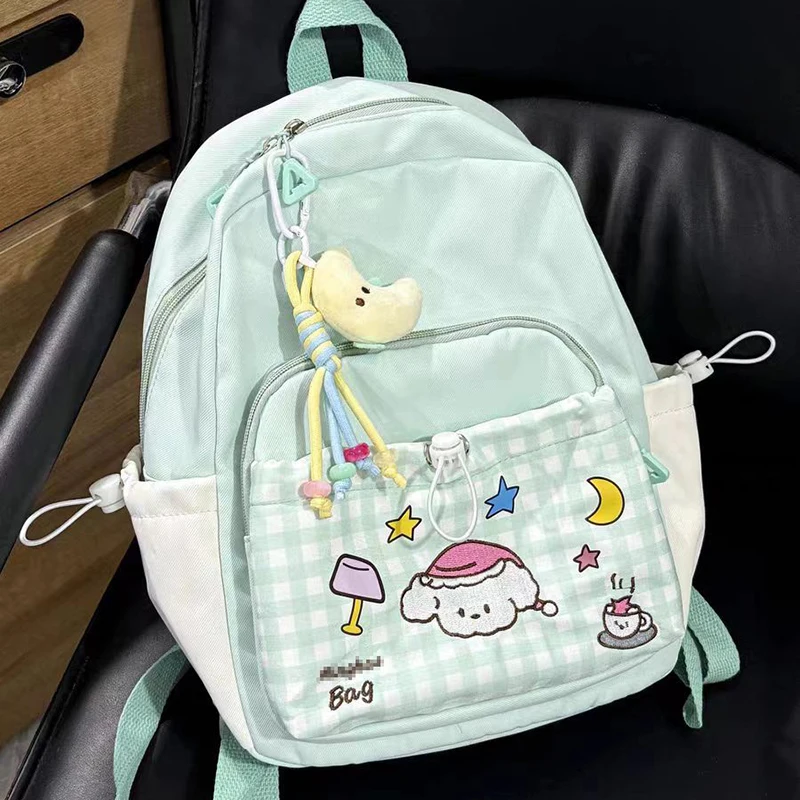 

HAEX Cartoon Women Backpacks 2025 Casual Nylon Dopamine Plaid Mochilas Para Mujer Students Commute Multi Pockets Bag Female