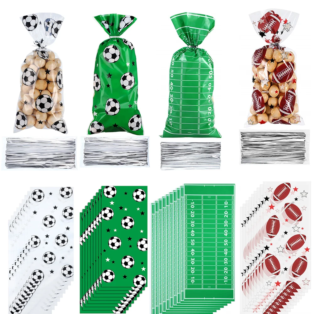 25/50 stücke Fußball behandeln Zellophan Taschen Fußball Süßigkeiten bevorzugen Taschen Sport Thema Geburtstags feier Dekor Goody Bags mit Twist Krawatten