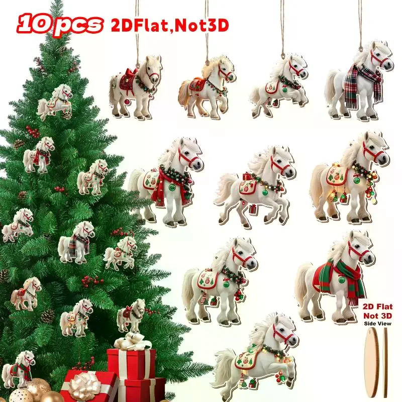 

10/20/30Pcs Elegant White Horse 2D Wooden Decorations Pendant Hanging Christmas Trees Decor Xmas Party Best Giving Gifts
