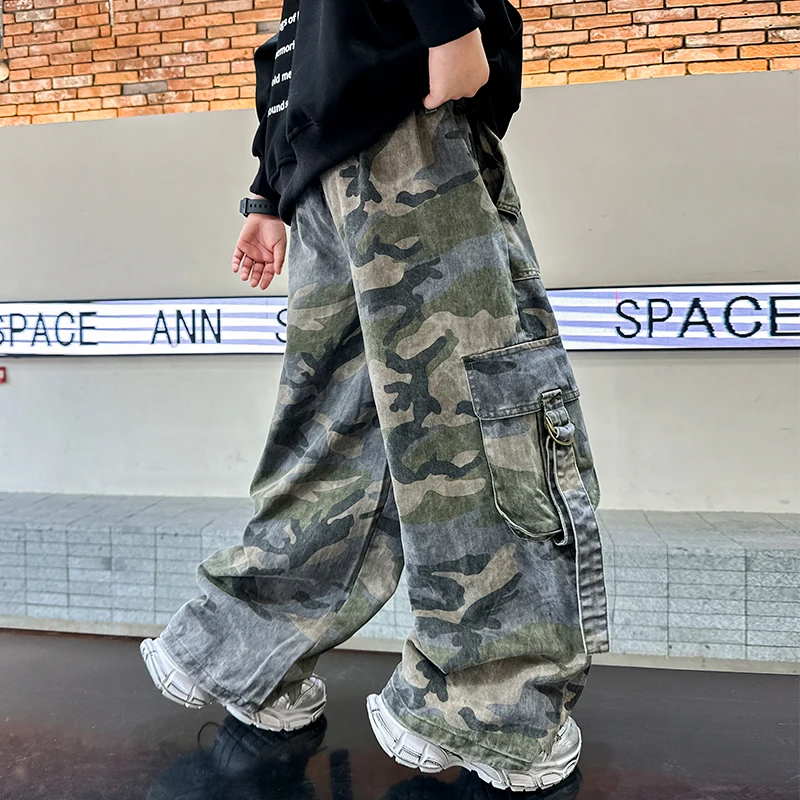 

Loose Casual Harajuku Hip Hop y2k Trousers 5-14 T New Autumn Kids Stylish Multi-Pocket Camouflage Cargo Pants for Teenager Boy
