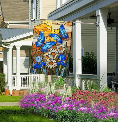 Stained Glass Butterfly House Flag 28X40 Double Sided, Blue Butterfly Daisy Flor RRI