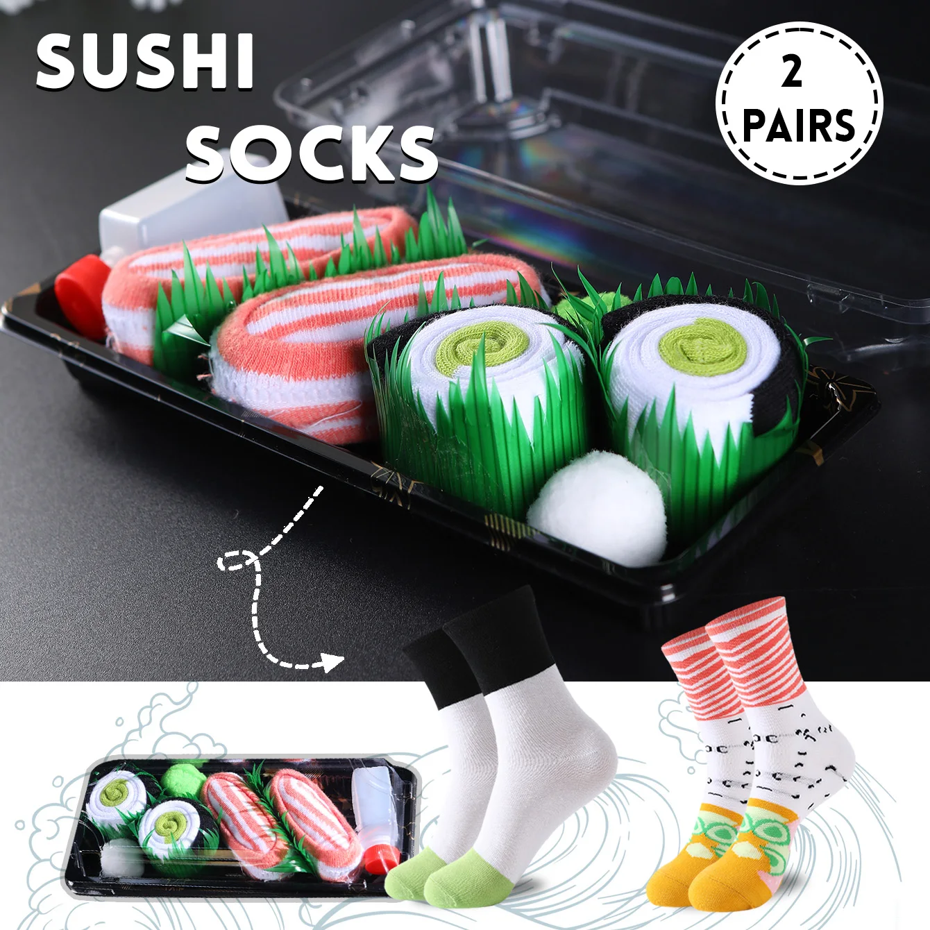 2 Paar Wadenlange Socken für Männer und Frauen, Neuartige und Lustige Bunte Lachs-Sushi-Geschenkbox-Socken, Europäischer und Amerikanischer Modestil, Bequem und Atmungsaktiv,