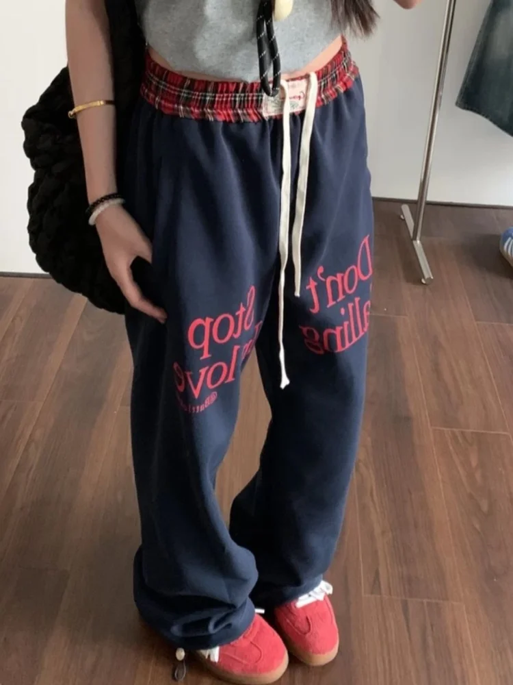 ADAgirl Vintage Plaid Baggy Sweatpants Women Y2k Hip Hop Casual Korean Letter Straight Sport Pants Streetwear Chic Mujer Joggers