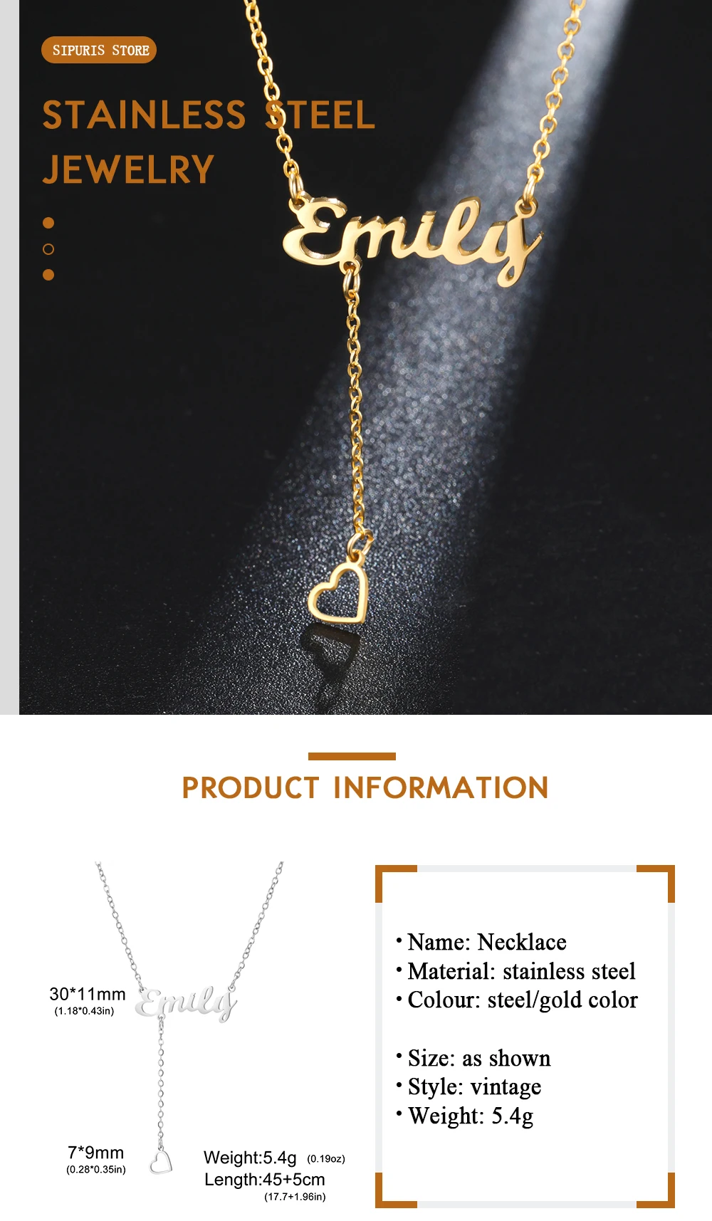 Sipuris Personalisierte Namenskette mit Herzanhänger aus Edelstahl, Goldene Choker-Halskette, Maßgefertigter Schmuck als Geschenk – Detail 5