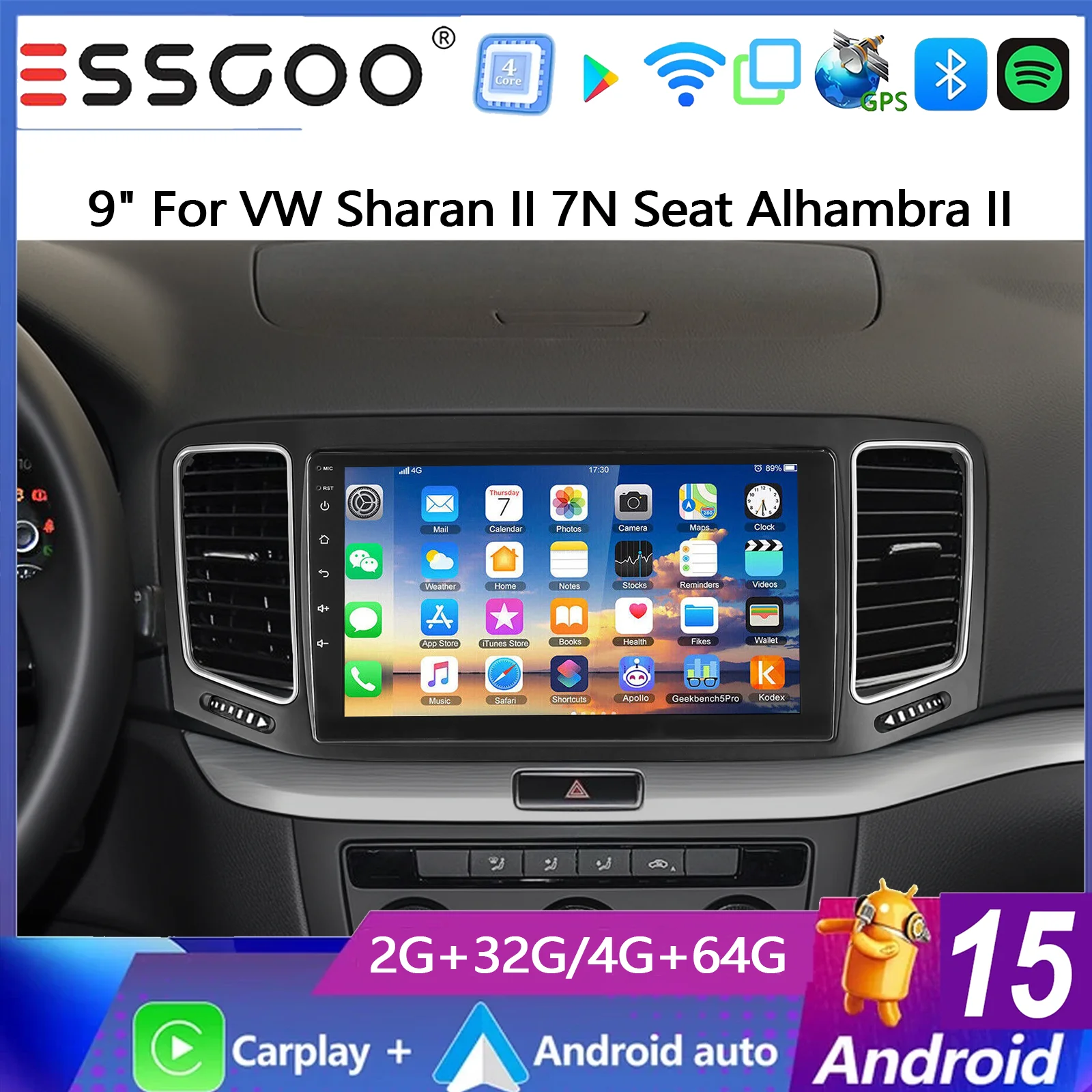 ESSGOO 9 Zoll 2+32G/4+64G Android 15 für VW Sharan II 2010-2022 SEAT Alhambra II 2010-2022 Kabelloses Carplay Android Auto Autoradio GPS-Navigation Bluetooth FM SWC Wifi RDS ASP IPS Touchscreen Mirror