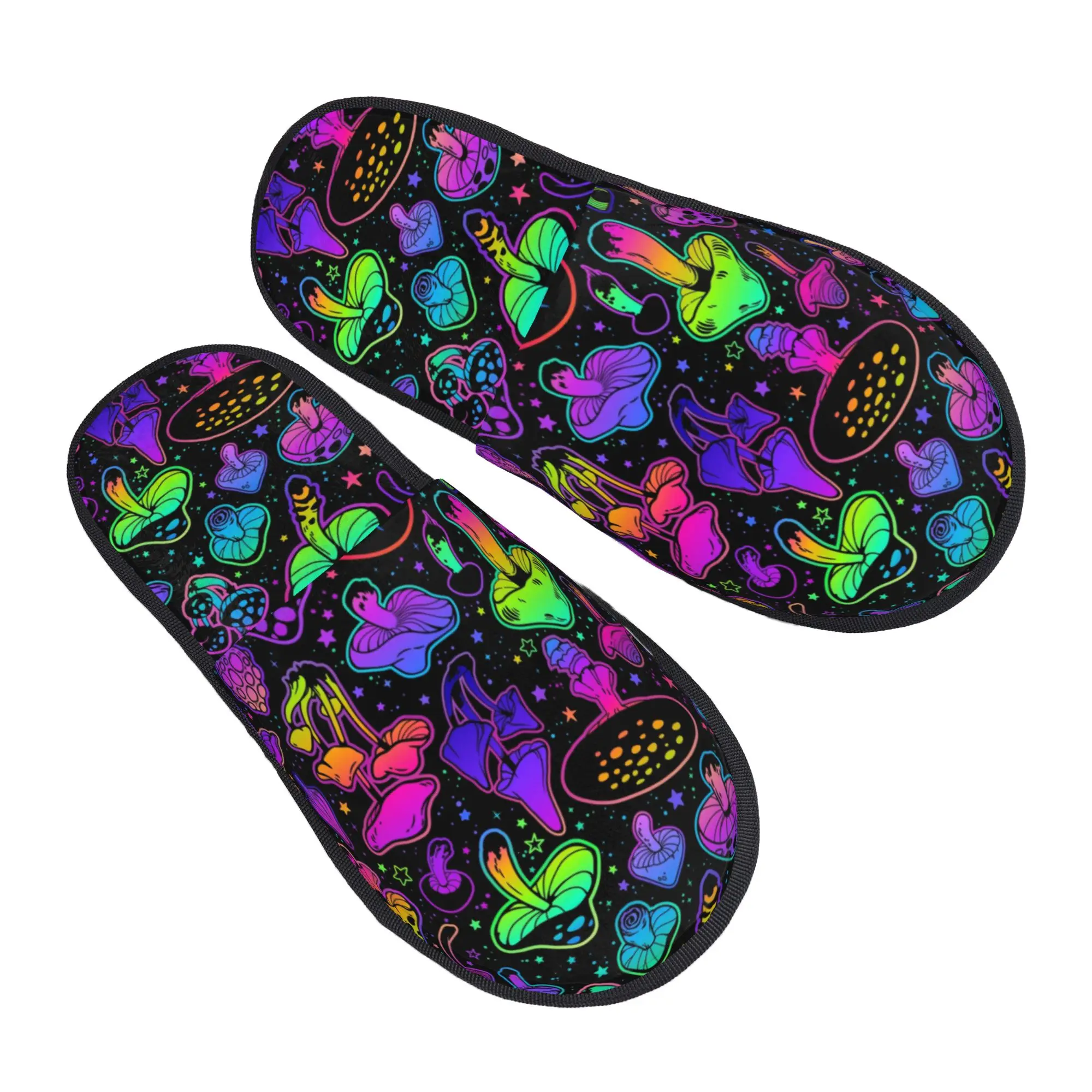 Chaussons d'intérieur en coton, motif champignon arc-en-ciel, style bohème mystérieux et psychédélique, chauds pour l'hiver, pour couples, familles, chambres et dortoirs.