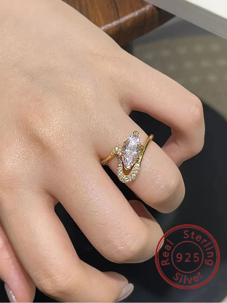 

Персонализированное золотое уникальное кольцо из стерлингового серебра 925 пробы с розовым цирконием маркизы для женщин, юбилей, повседневные вечерние ювелирные украшения