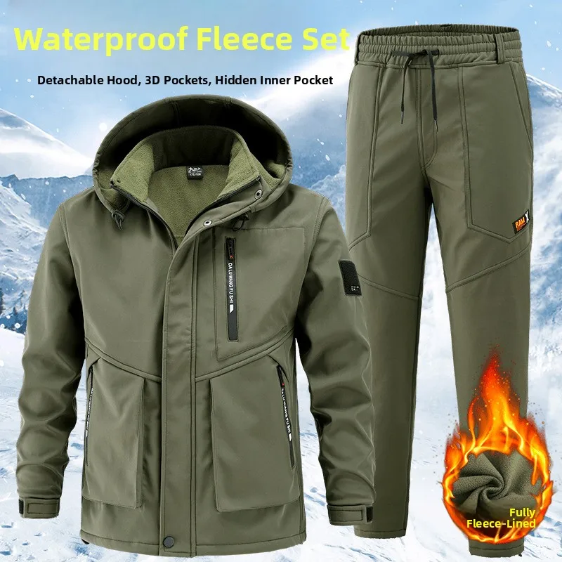 

Thickened Fleece Winter Workwear Set Men's Casual Hiking Waterproof Windproof Overalls for Factory Workers Outdoor Activities