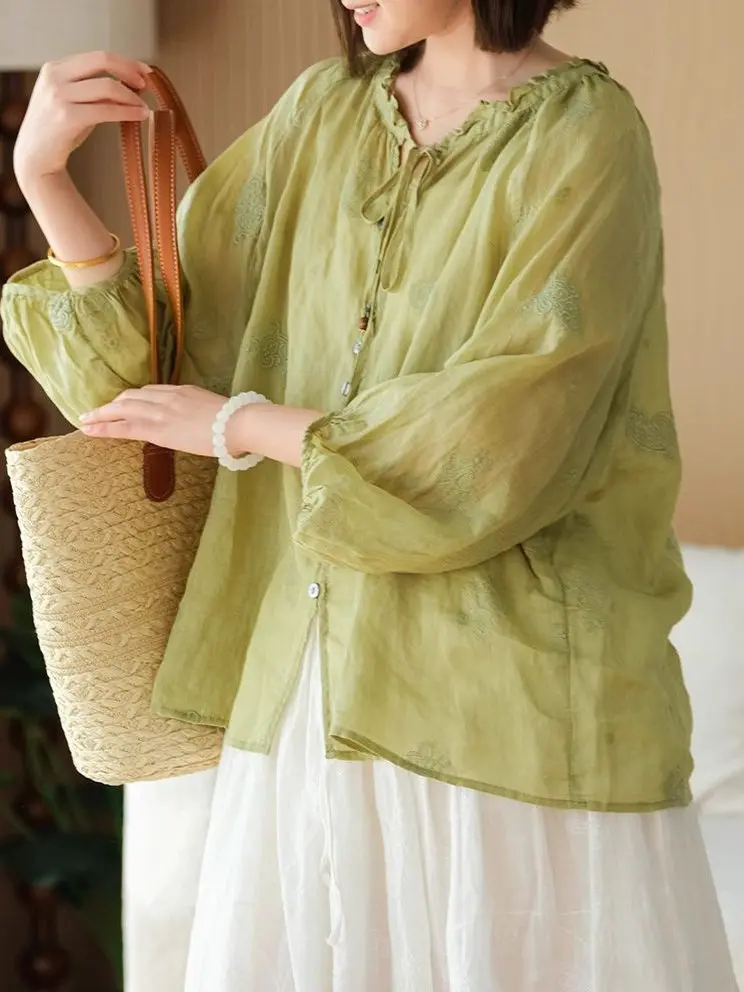 

Ретро-блузка из хлопка и льна с вышивкой, летняя коллекция 2025, новая женская модная блузка с воротником-рюшем, свободный крой, стандартный рукав