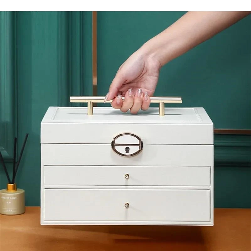 Multilayer Leather Jewelry Box with Brass Handle Ring Earring Storage Home Dressing Table Cosmetic Organizer Wedding Gifts