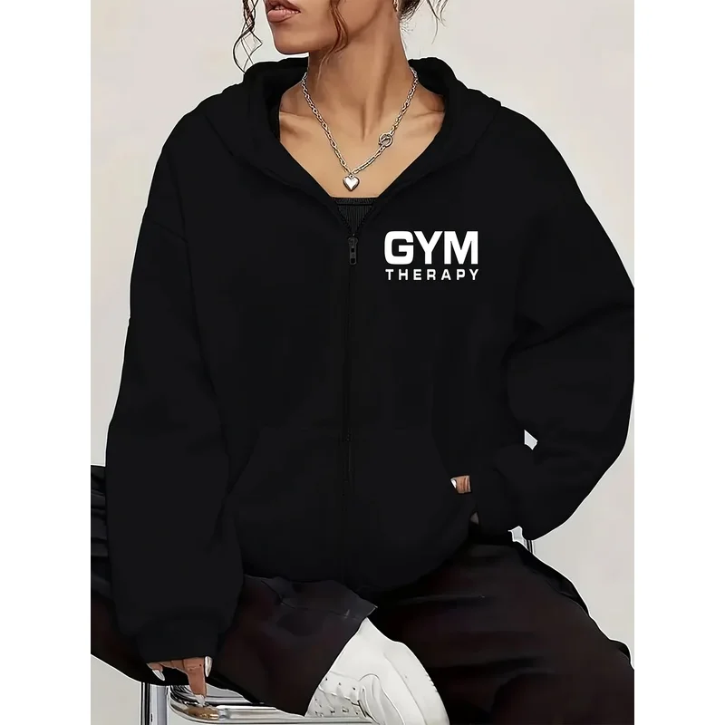 Women's Zip Up Sweatshirt Jacket - Comfort Fleece Lined Hoodie with Gym Therapy Print, Long Sleeve Front Pocket Casual Fall