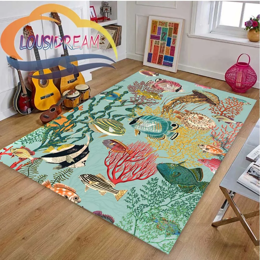 

Choice Vintage Sea Life Rugs Seashells Blue Coral Seaweed Mermaid Crab Lobster Collections Carpets Painting Floor Art Home Decor