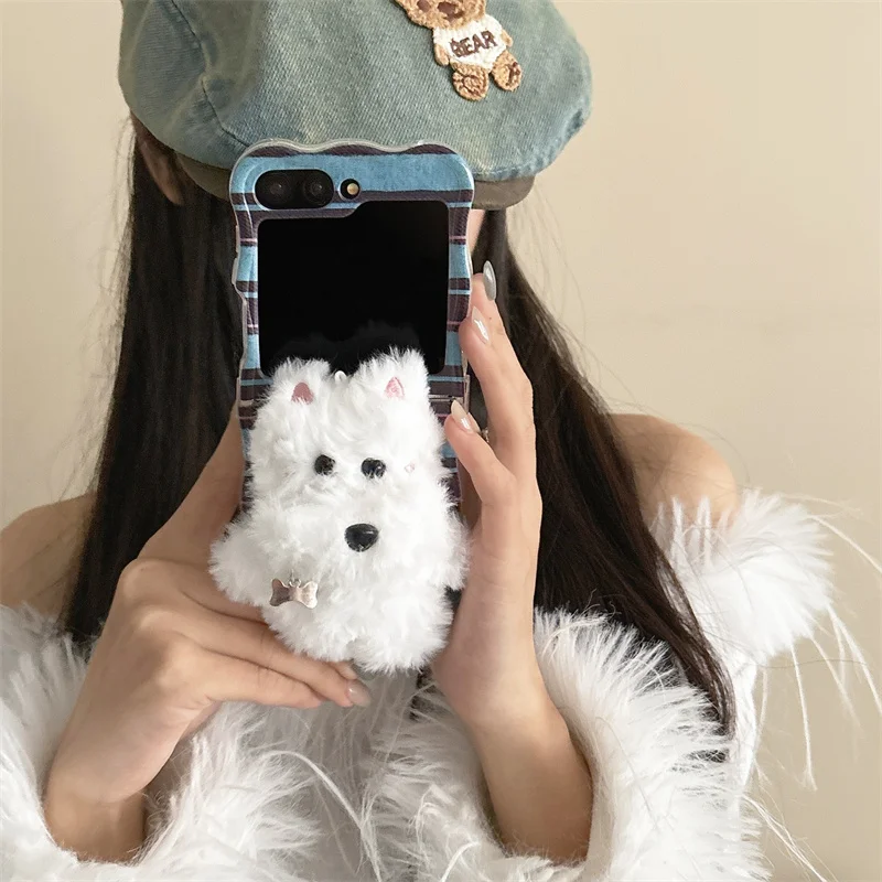 For Samsung Galaxy Z Flip 6 5 4 3 Case Z Flip6 ZFlip 6 ZFlip6 3D Plush Dog Lanyard Wave Shockproof Cover