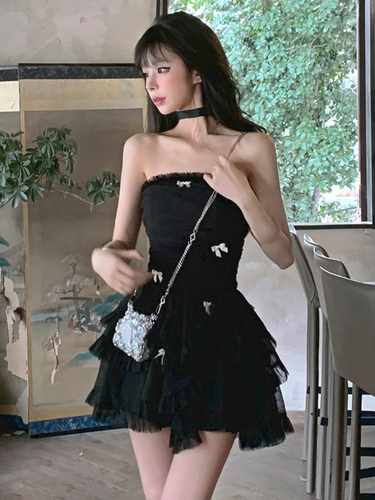 Summer Apricot France Elegant Dress Women Bow Y2k Party Mini Dress Female Backless  Korean Fashion Designer Cake Dress 2023 New