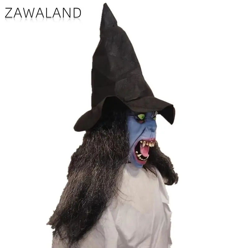 Zawaland Halloween Blue Face Witch Mask with Fangs Wig Easter Cosplay Terrifying Props Scary Costume Accessories Party Wear