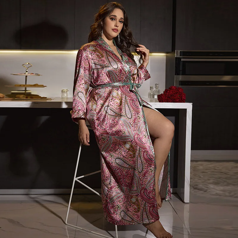 

New Plus Size Sleepwear Women Spring Autumn Ice Silk Long Sleepwear Nightdress Print Women Robe Bathrobe Home Wear