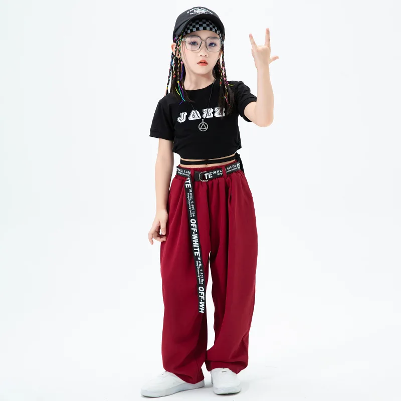 

Kid Hip Hop Clothing Black Lace Up Crop Top T Shirt Tee Dark Red Casual Street Baggy Pants for Girl Jazz Dance Costume Clothes