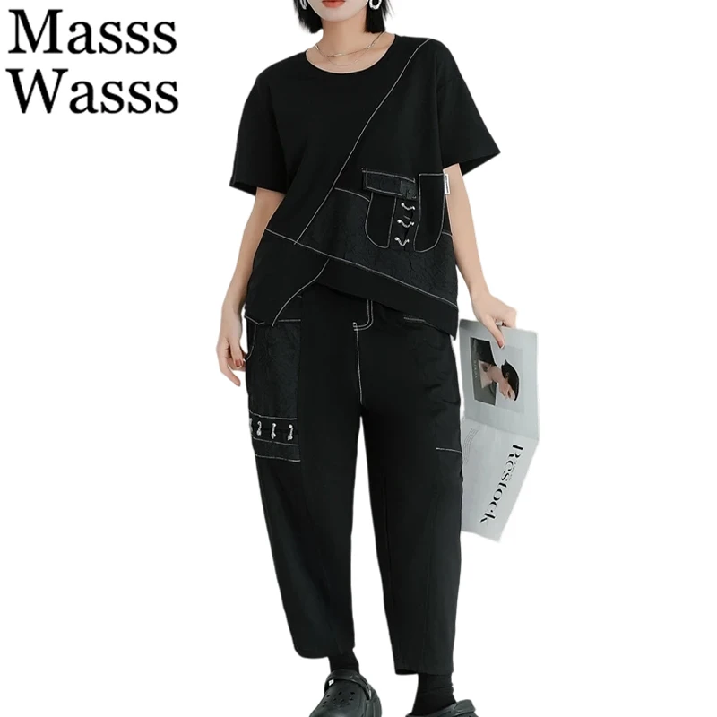 

Masss Wasss Summer Womens Luxury Loose Harem Pants Tees Gothic Suits Females 2 Pieces Sets Outfits Casual Fashion Elastic Tops