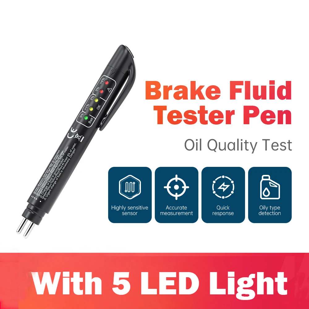 Automatic Liquid Detection Brake Fluid Tester Pen Brake Fluid Tester Digital 5 DOT3/DOT4 LED Indicator Shows Electronic Pen