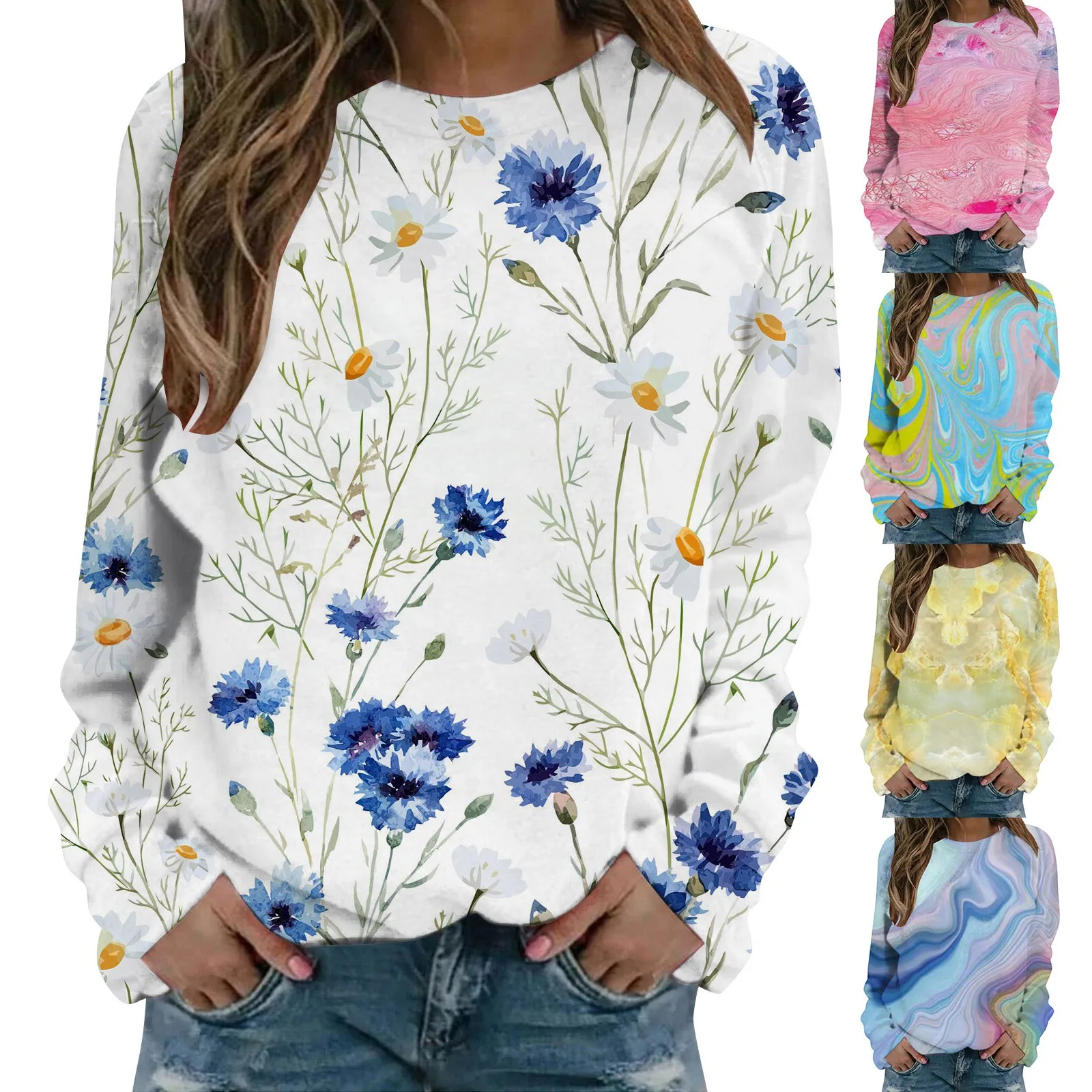 

Women's Flower Print Rendering Multicolor Crew Neck Cotton Hoodie Women Light Long Sleeve Sweatshirt Jogging Outfits Women Set