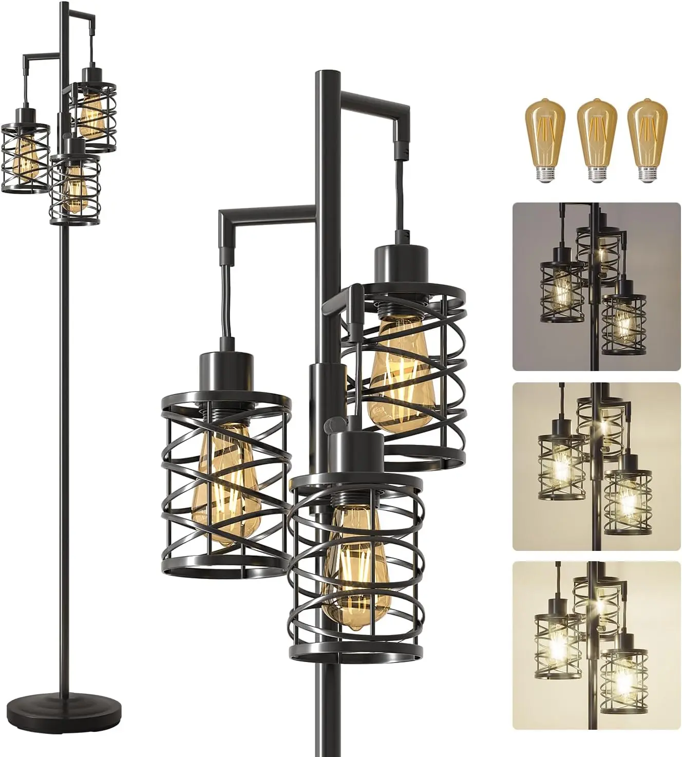 

70" Stepless Dimmable Industrial Floor Lamp with 3 LED Bulbs, Farmhouse Style for Living Room, Bedroom, Office, Black
