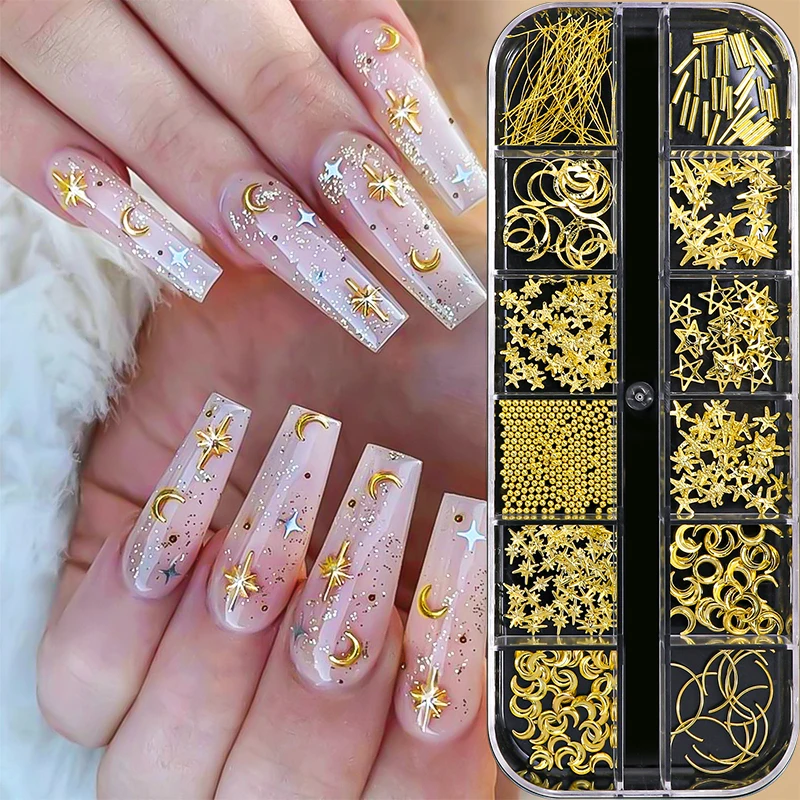 12Grids/Box Nails Gold Metallic Nail Sequins Moon Star Luxury Charms Half Round Pearl Beads Rhinestones 3D DIY Manicure Design