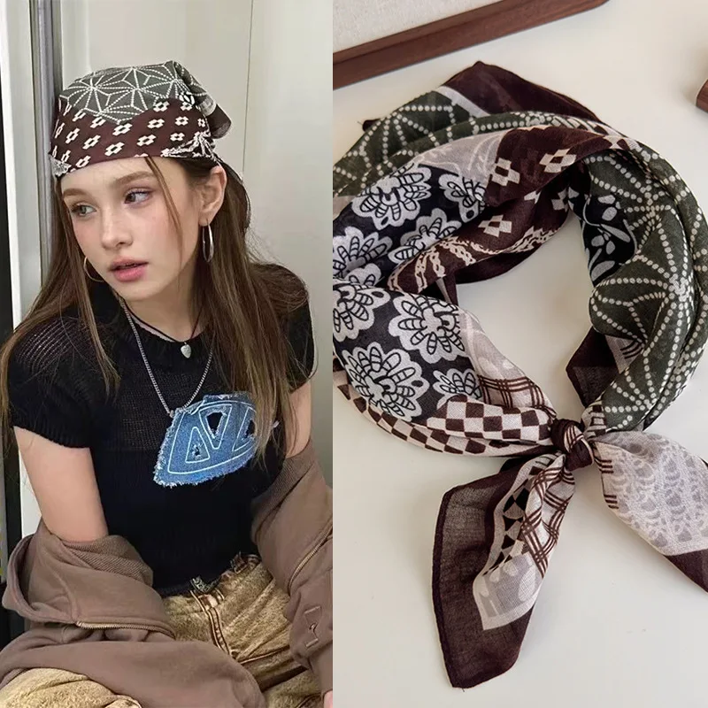 Square Scarf Vintage Color Block Plaid Lightweight Soft Fabric Hip Hop Music Festival Headwrap for Daily Stylish Commute