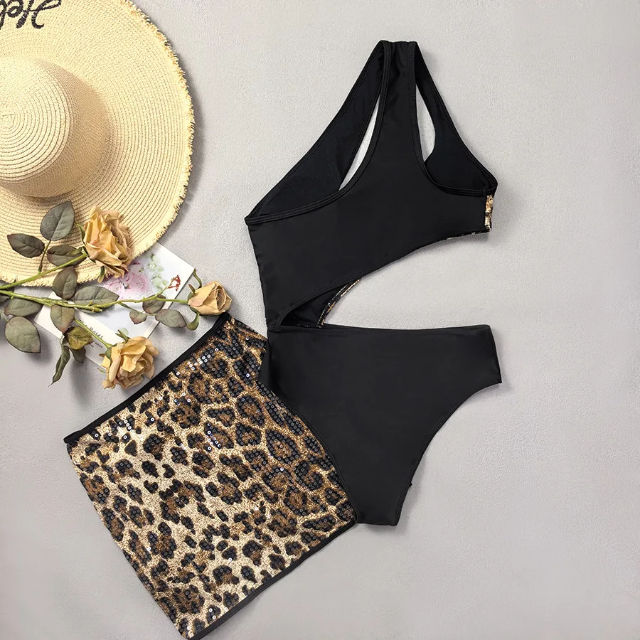 sexy leopard sequine patchwork swimsuits two pieces one shoulder hollow out bodysuits with split mini skirt women bathing suits