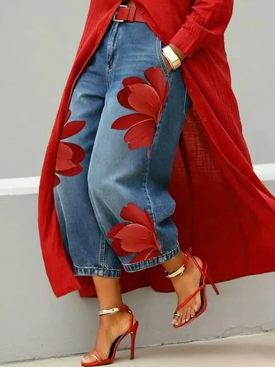

Boho Women's Floral Print High Waisted Wide Leg Cropped Jeans Fashion Streetwear Loose Fit Casual Denim Pants for Summer