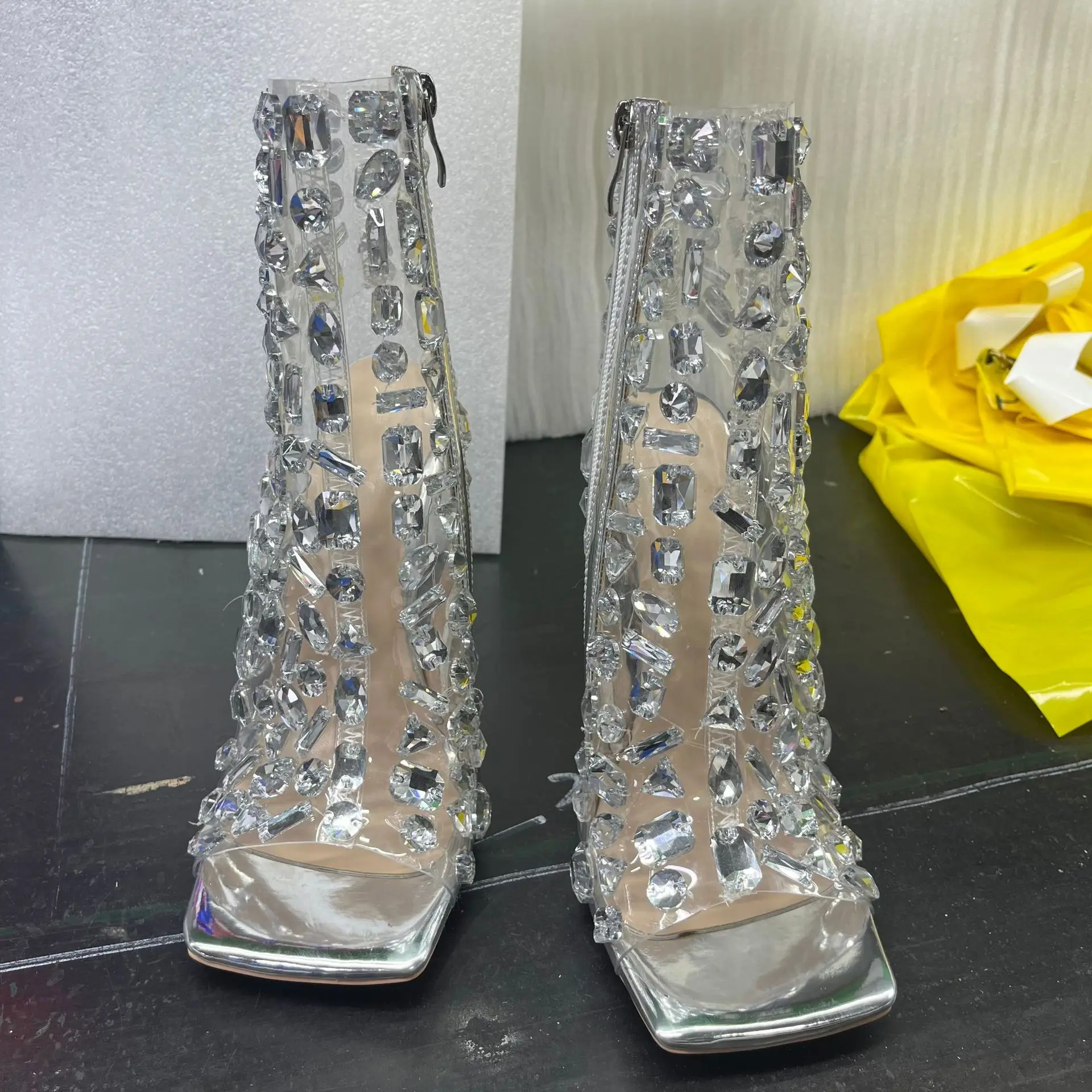 Women Clear Transparent PVC Square Toe Stiletto Heel Ankle Booties, Luxury Rhinestone Crystal Embellished High Heel Sandals Boot