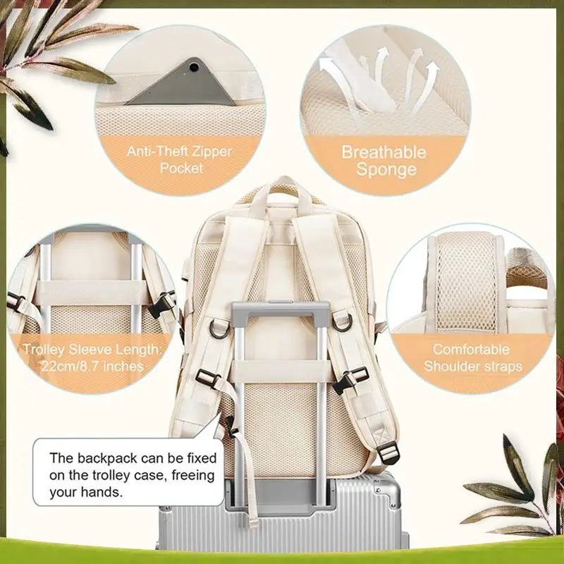 

Laptop Backpack Women Women's Travel Backpack- Anti-Theft, USB Charging Port, Water-Resistant College Bookbag Easy To Use Beige