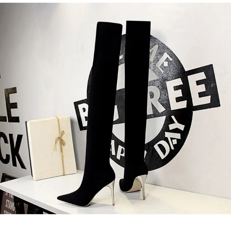 

Quality Women's Black Stiletto Heel Over-the-Knee Boots Trend New Slim Fit Pointed Toe Stretch Fabric Nightclub Party Tall Boots