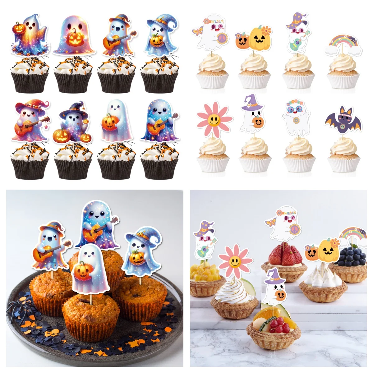 Halloween Cake Topper Ghost Bohemian Flower Happy Birthday Anniversary Cupcake Toppers Decoration Kids Party Diy Baking Supplies